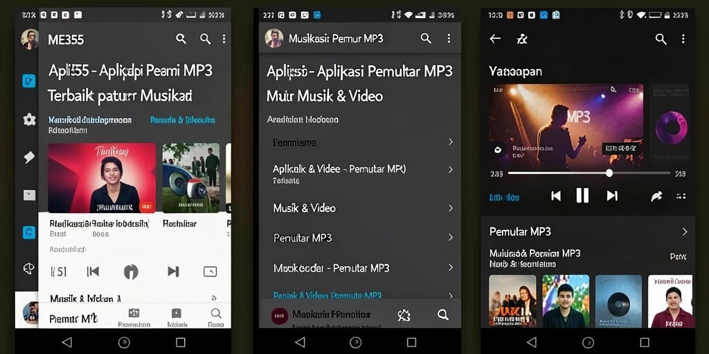 Screenshot aplikasi ME355 menampilkan antarmuka Pemutar MP3 yang menarik.